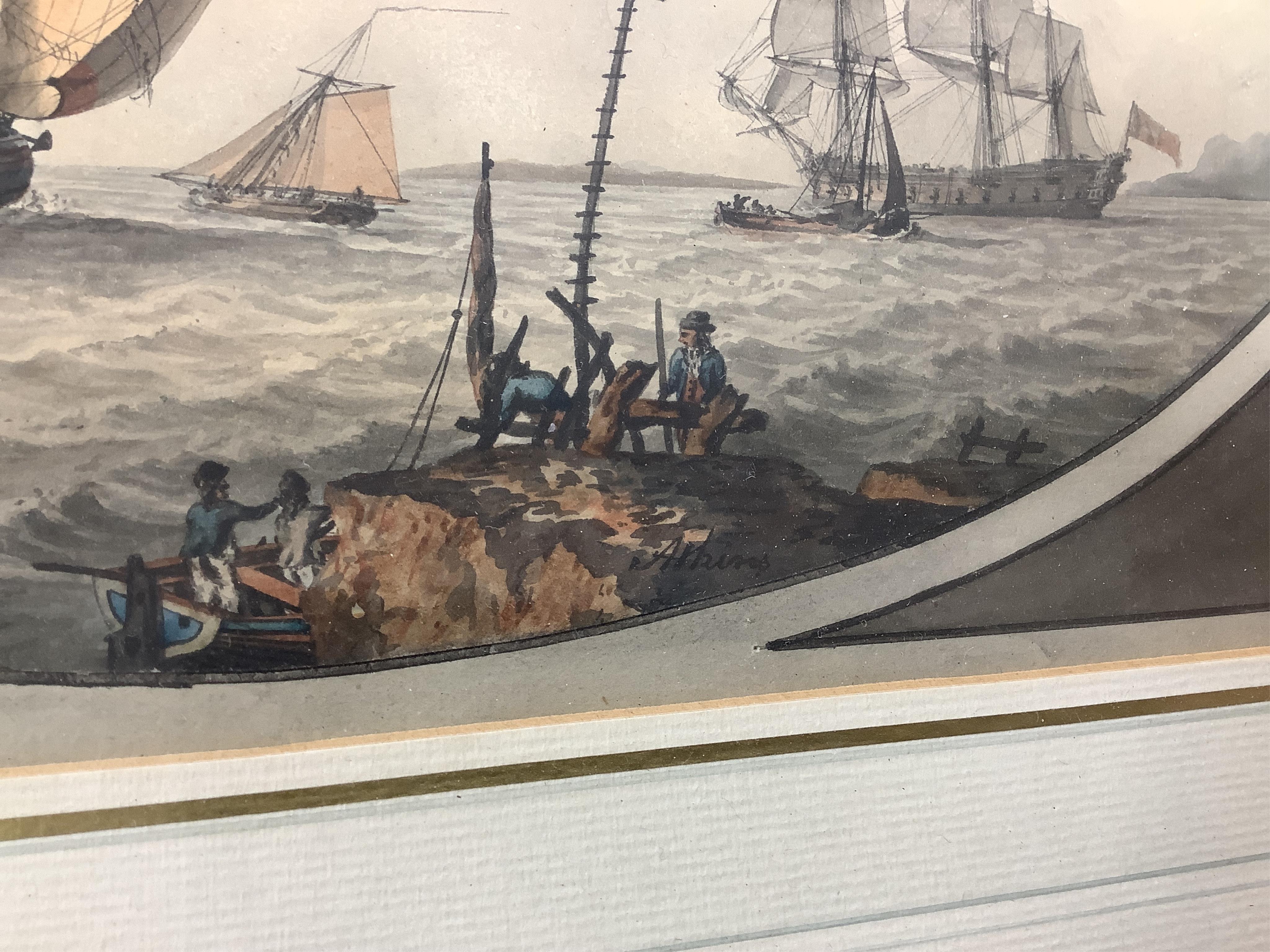 Attributed to Samuel Atkins (fl.1787-1847), Shipping in a choppy sea off a headland, feigned oval, watercolour, 24 x 34cm